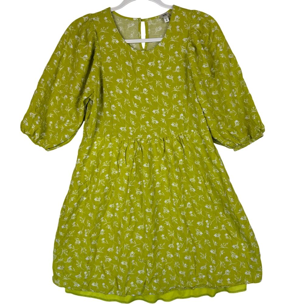 NLT Ditsy Floral Puff Sleeve Mini Dress Womens Size S Green Rayon Lined Tie Back